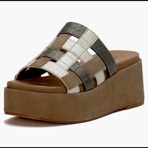 Lucky Brand platform slip-on. Oiled suede color is desert taupe combo